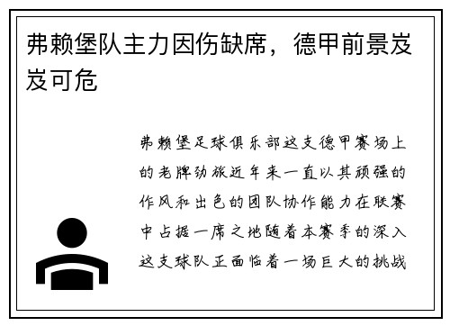 弗赖堡队主力因伤缺席，德甲前景岌岌可危