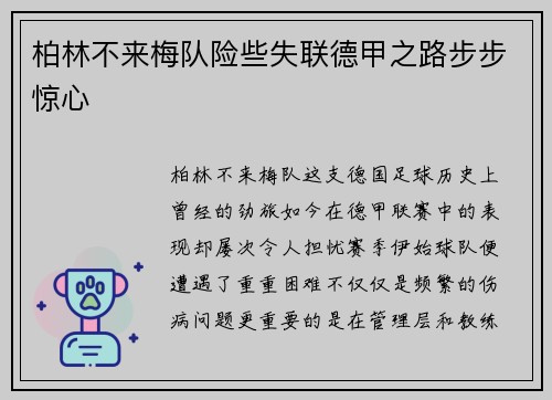 柏林不来梅队险些失联德甲之路步步惊心