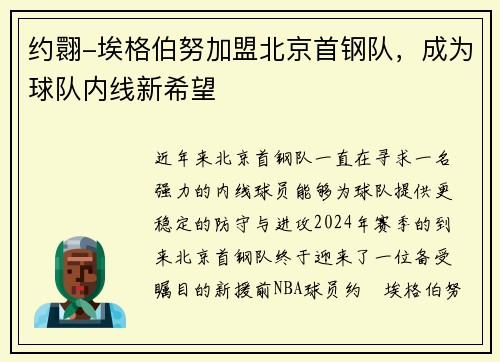 约翾-埃格伯努加盟北京首钢队，成为球队内线新希望
